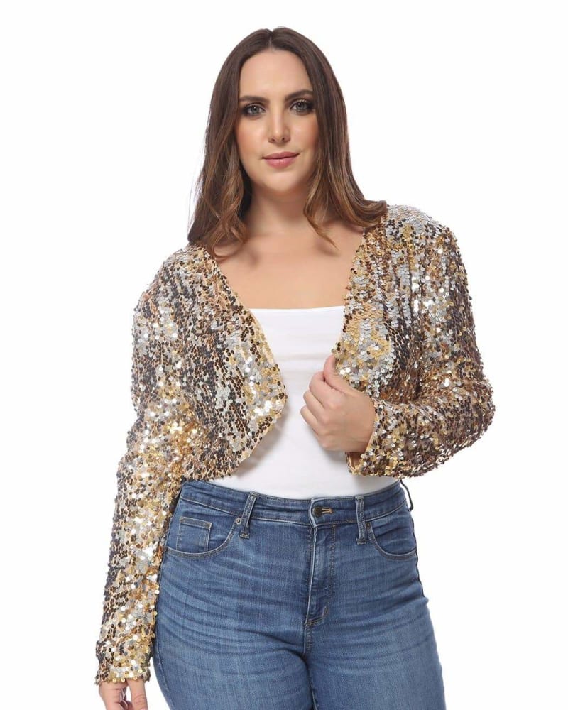 Front of a model wearing a size X-Large Sequin Bolero in Gold by Anna-Kaci. | dia_product_style_image_id:296733